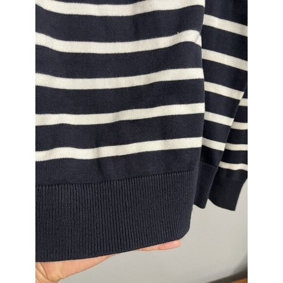 Nautica V Neck Lightweight Knit Sweater Men Size Medium Navy White Striped Logo - Picture 5 of 5
